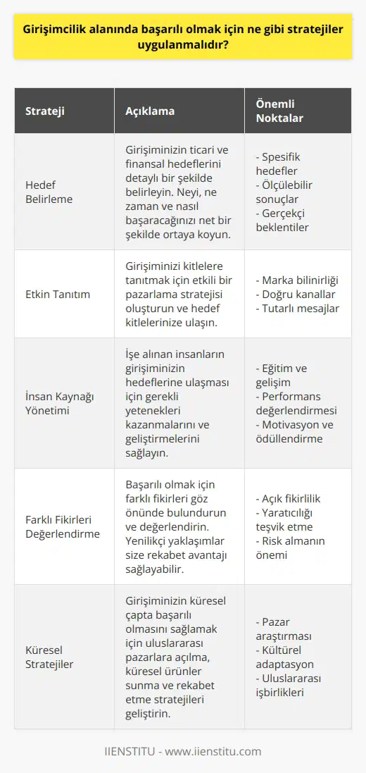 1. Girişiminizin ticari ve finansal hedeflerinin detaylı bir şekilde belirlenmesi: Başarılı bir girişimin temelinde hedefler belirlemek yatar. Girişiminizin neyi başarmak istediğini, ne zaman başarmak istediğini ve bunu nasıl başaracağınızı açıkça belirlemelisiniz. 2. İşinizi tanıtmak: Girişiminizi kitlelerin gözünde tanıtmak başarılı olmanız için çok önemlidir. Etkin bir pazarlama stratejisi oluşturmalısınız ve hedef kitlelerinize ulaşmalısınız. 3. İşe alınan insanların değerlendirilmesi: Başarılı bir girişimin temelinde insan kaynağı vardır. İşe alınan insanların, girişiminizin hedeflerine ulaşması için gerekli yetenekleri kazanmaları ve zaman içinde geliştirmeleri için yeterli destek verilmelidir. 4. Farklı fikirlerin göz önünde bulundurulması: Girişiminizde başarılı olmak için farklı fikirlerin göz önünde bulundurulması ve değerlendirilmesi çok önemlidir. 5. Küresel stratejilerin belirlenmesi: Girişiminizin küresel çapta başarılı olmasını sağlamak için, küresel stratejiler oluşturmalısınız. Bu stratejiler, işinizi uluslararası pazarlara açma, küresel ürünler sunma ve küresel ürünlerde rekabet etme gibi uygulamaları içerir.