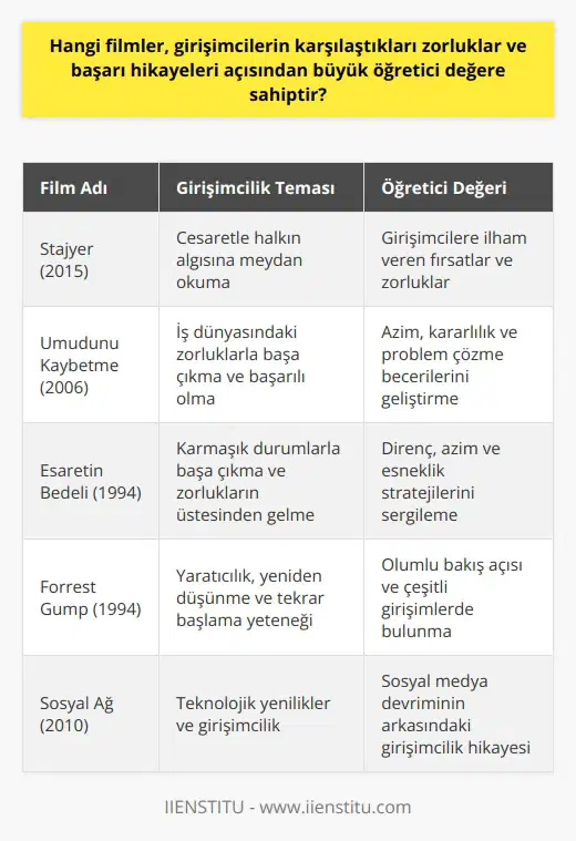 Girişimcilerin deneyimleri ve başarı hikayeleri, genellikle büyük öğretici değere sahip olan filmlerde konu edilir. Bu filmler, girişimcilikle ilgili hem teorik bilgileri hem de pratik uygulamaları bir arada sunan güçlü eğitim araçlarıdır. Özellikle, Stajyer (2015) gibi drama ve biyografik filmler, girişimcilere ilham verebilecek fırsatlar ve zorluklarla dolu karakterlerin hikayeleri aracılığıyla girişimciliği anlatır. Bu film, bir girişimcinin cesaretle halkın algısına meydan okuyarak başarıya ulaşabileceğini gösterir. Başka bir örnek olan Umudunu Kaybetme (2006), iş dünyasındaki zorluklarla başa çıkmak ve başarılı olmak için gereken azmi ve kararlılığı yansıtır. Karakterlerin kişisel ve profesyonel savaşları, çözüm arama ve problem çözme becerilerinin geliştirilmesini destekler. Dahası, Esaretin Bedeli (1994) gibi filmler, karmaşık durumlarla başa çıkmak ve zorlukların üstesinden gelmek için gereken stratejileri ve esnekliği sergiler. Hikaye, direnç ve azmin, hatta en umutsuz durumlarda bile başarıya nasıl ulaşabileceğini gösteriyor. Son olarak, Forrest Gump (1994), girişimciliğin yaratıcılık, yeniden düşünme ve tekrar başlama yeteneğini vurgular. Filmin ana karakteri, sınırlı zeka seviyesine rağmen, çeşitli girişimlerde bulunarak ve her durumda olumlu bir bakış açısıyla yaşam yolunda ilerler. Her bir film, farklı ne ve stratejilere odaklanır ve seyircilere, başarıya ulaşmak için mücadele etmeye ve bunu nasıl yapmaya çalışacakları konusunda ilham verir. Bu nedenle, girişimcilikle ilgili öğretici değeri yüksek olan filmler, geleceğin girişimcilerine paha biçilemez bilgi ve deneyimler sunar.