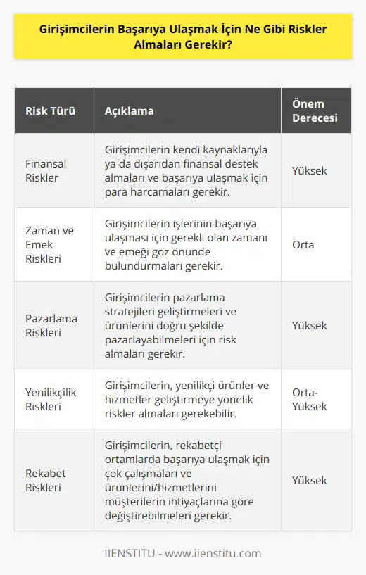 Girişimcilerin başarıya ulaşmak için almaları gereken riskler arasında öncelikle finansal riskler yer alır. Girişimcilerin kendi kaynaklarıyla ya da diğer kaynaklardan finansal olarak destek almaları ve başarıya ulaşmak için para harcamaları gerekir. Aynı zamanda girişimcilerin işlerinin başarıya ulaşması için gerekli olan zaman ve emeği de göz önünde bulundurmaları gerekir. Girişimciler ayrıca pazarlama stratejileri geliştirmeleri ve ürünlerini doğru şekilde pazarlayabilmeleri için de risk almaları gerekir. Girişimcilerin, yenilikçi ürünler ve hizmetler geliştirmeye yönelik riskler almaları da gerekebilir. Girişimcilerin, rekabetçi ortamlarda başarıya ulaşmak için çok çalışmaları ve ürünlerini ve hizmetlerini müşterilerinin ihtiyaçlarına göre değiştirebilmeleri de gerekli olabilir.