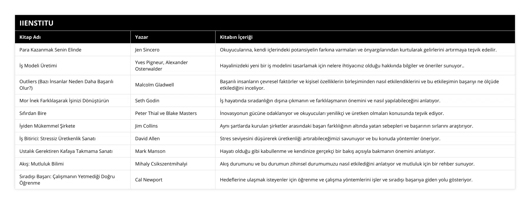 Para Kazanmak Senin Elinde, Jen Sincero, Okuyucularına, kendi içlerindeki potansiyelin farkına varmaları ve önyargılarından kurtularak gelirlerini artırmaya teşvik edeilir, İş Modeli Üretimi, Yves Pigneur, Alexander Osterwalder, Hayalinizdeki yeni bir iş modelini tasarlamak için nelere ihtiyacınız olduğu hakkında bilgiler ve öneriler sunuyor, Outliers (Bazı İnsanlar Neden Daha Başarılı Olur?), Malcolm Gladwell, Başarılı insanların çevresel faktörler ve kişisel özelliklerin birleşiminden nasıl etkilendiklerini ve bu etkileşimin başarıyı ne ölçüde etkilediğini inceliyor, Mor İnek Farklılaşarak İşinizi Dönüştürün, Seth Godin, İş hayatında sıradanlığın dışına çıkmanın ve farklılaşmanın önemini ve nasıl yapılabileceğini anlatıyor, Sıfırdan Bire, Peter Thial ve Blake Masters, İnovasyonun gücüne odaklanıyor ve okuyucuları yenilikçi ve üretken olmaları konusunda teşvik ediyor, İyiden Mükemmel Şirkete, Jim Collins, Aynı şartlarda kurulan şirketler arasındaki başarı farklılığının altında yatan sebepleri ve başarının sırlarını araştırıyor, İş Bitirici: Stressiz Üretkenlik Sanatı, David Allen, Stres seviyesini düşürerek üretkenliği artırabileceğimizi savunuyor ve bu konuda yöntemler öneriyor, Ustalık Gerektiren Kafaya Takmama Sanatı, Mark Manson, Hayatı olduğu gibi kabullenme ve kendinize gerçekçi bir bakış açısıyla bakmanın önemini anlatıyor, Akış: Mutluluk Bilimi, Mihaly Csikszentmihalyi, Akış durumunu ve bu durumun zihinsel durumumuzu nasıl etkilediğini anlatıyor ve mutluluk için bir rehber sunuyor, Sıradışı Başarı: Çalışmanın Yetmediği Doğru Öğrenme, Cal Newport, Hedeflerine ulaşmak isteyenler için öğrenme ve çalışma yöntemlerini işler ve sıradışı başarıya giden yolu gösteriyor