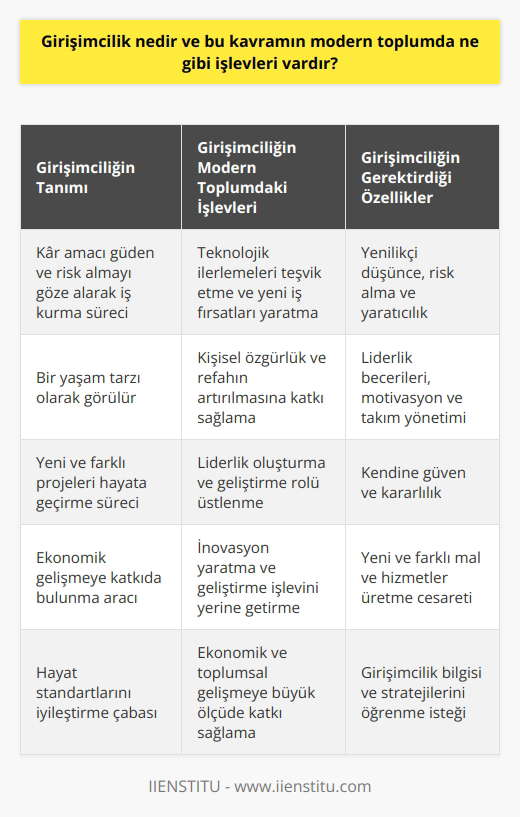 Girişimcilik, kar amacı güden ve risk almayı göze alarak iş kurma sürecidir. Bu tanımın ötesinde, girişimcilik bir yaşam tarzıdır ve modern toplumda çeşitli işlevleri vardır.   Girişimcilik ve Teknolojik İlerlemeler  Son yıllarda, teknoloji alanındaki hızlı ilerlemeler girişimcilik eğilimlerini artırmıştır. Girişimcilik, özellikle teknoloji alanında yenilikçi fikirlerle yeni ve farklı projeleri hayata geçiren kişiden doğar. Bu durum, teknolojinin gelişmesiyle birlikte daha da artmıştır. Böylece, girişimcilik yeni iş fırsatlarının oluşturulması ve ekonomik gelişmeye katkıda bulunma işlevini yerine getirir.  Girişimcilik ve Hayat Standartları  Hayat standartlarının zorlaşması ve çalışma koşullarının elverişsiz hale gelmesi, birçok insanı girişimci olmaya teşvik eder. Şirketlerde alınan düşük maaşlar ve iş güvenliğinin azalması, kişinin kendi işini kurma ve bu yolla daha iyi bir yaşam kalitesi elde etme isteğini artırır. Bu da girişimciliğin, kişisel özgürlük ve refahın artırılması gibi önemli bir işlevi olduğunu göstermektedir.  Girişimcilik ve Liderlik  Girişimciler, genellikle yetenekli, kendine güvenen ve yaratıcı fikirler üreten kişilerdir. Bu gibi özellikleri nedeniyle, girişimciler aynı zamanda genellikle liderlik rolünü üstlenirler. Liderlik, başkalarını motive etme ve bir takımı yönetme yeteneğini gerektirir. Bu nedenle, girişimciliğin modern toplumda liderlik oluşturma ve geliştirme rolü vardır.  Girişimcilik ve İnovasyon  Girişimcilik, yenilikçi düşüncenin en önemli unsuru olan risk almayı gerektirir. Bu riskler, yeni ve farklı mal ve hizmetler üretme şeklinde gerçekleşir. Girişimciliğin bu yönü, onun modern toplumda inovasyon yaratma ve geliştirme işlevini yerine getirdiğini ön plana çıkarır.  Girişimciliğin Kitapları  Girişimcilik serüvenine atılmak isteyenler için Girişimcilerin Okuması Gereken 15 Kitap büyük bir kaynak oluşturur. Bu kitaplar, girişimciliğin çeşitli yönlerini ve bu konuda başarılı olmak için gereken düşünceleri ve stratejileri ortaya koyar.  Sonuç olarak, girişimcilik modern toplumda önemli bir rol oynar. Teknolojik ilerlemeleri, yaşam standartlarını, liderliği ve inovasyonu ilerletme işlevleri ile birçok fırsat yaratır ve bu da ekonomik ve toplumsal gelişmeye büyük ölçüde katkıda bulunur.