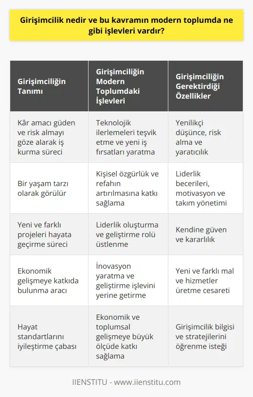 Girişimcilik, kar amacı güden ve risk almayı göze alarak iş kurma sürecidir. Bu tanımın ötesinde, girişimcilik bir yaşam tarzıdır ve modern toplumda çeşitli işlevleri vardır.   Girişimcilik ve Teknolojik İlerlemeler  Son yıllarda, teknoloji alanındaki hızlı ilerlemeler girişimcilik eğilimlerini artırmıştır. Girişimcilik, özellikle teknoloji alanında yenilikçi fikirlerle yeni ve farklı projeleri hayata geçiren kişiden doğar. Bu durum, teknolojinin gelişmesiyle birlikte daha da artmıştır. Böylece, girişimcilik yeni iş fırsatlarının oluşturulması ve ekonomik gelişmeye katkıda bulunma işlevini yerine getirir.  Girişimcilik ve Hayat Standartları  Hayat standartlarının zorlaşması ve çalışma koşullarının elverişsiz hale gelmesi, birçok insanı girişimci olmaya teşvik eder. Şirketlerde alınan düşük maaşlar ve iş güvenliğinin azalması, kişinin kendi işini kurma ve bu yolla daha iyi bir yaşam kalitesi elde etme isteğini artırır. Bu da girişimciliğin, kişisel özgürlük ve refahın artırılması gibi önemli bir işlevi olduğunu göstermektedir.  Girişimcilik ve Liderlik  Girişimciler, genellikle yetenekli, kendine güvenen ve yaratıcı fikirler üreten kişilerdir. Bu gibi özellikleri nedeniyle, girişimciler aynı zamanda genellikle liderlik rolünü üstlenirler. Liderlik, başkalarını motive etme ve bir takımı yönetme yeteneğini gerektirir. Bu nedenle, girişimciliğin modern toplumda liderlik oluşturma ve geliştirme rolü vardır.  Girişimcilik ve İnovasyon  Girişimcilik, yenilikçi düşüncenin en önemli unsuru olan risk almayı gerektirir. Bu riskler, yeni ve farklı mal ve hizmetler üretme şeklinde gerçekleşir. Girişimciliğin bu yönü, onun modern toplumda inovasyon yaratma ve geliştirme işlevini yerine getirdiğini ön plana çıkarır.  Girişimciliğin Kitapları  Girişimcilik serüvenine atılmak isteyenler için Girişimcilerin Okuması Gereken 15 Kitap büyük bir kaynak oluşturur. Bu kitaplar, girişimciliğin çeşitli yönlerini ve bu konuda başarılı olmak için gereken düşünceleri ve stratejileri ortaya koyar.  Sonuç olarak, girişimcilik modern toplumda önemli bir rol oynar. Teknolojik ilerlemeleri, yaşam standartlarını, liderliği ve inovasyonu ilerletme işlevleri ile birçok fırsat yaratır ve bu da ekonomik ve toplumsal gelişmeye büyük ölçüde katkıda bulunur.