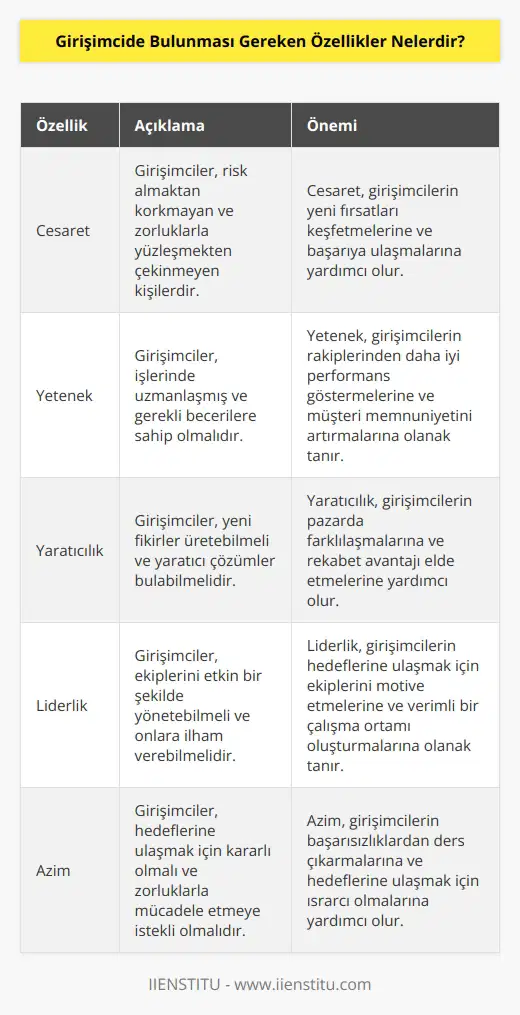 Girişimciler, cesaretli, yetenekli, risk almayı göze alan, kendine güvenen, yeni ve yaratıcı fikirler üreten kişilerdir. Aynı zamanda lider ruhlu ve başarma azmine sahip olmalıdır. Hayallerindeki hedefe ulaşmak için çok çalışıp, risk alırlar.