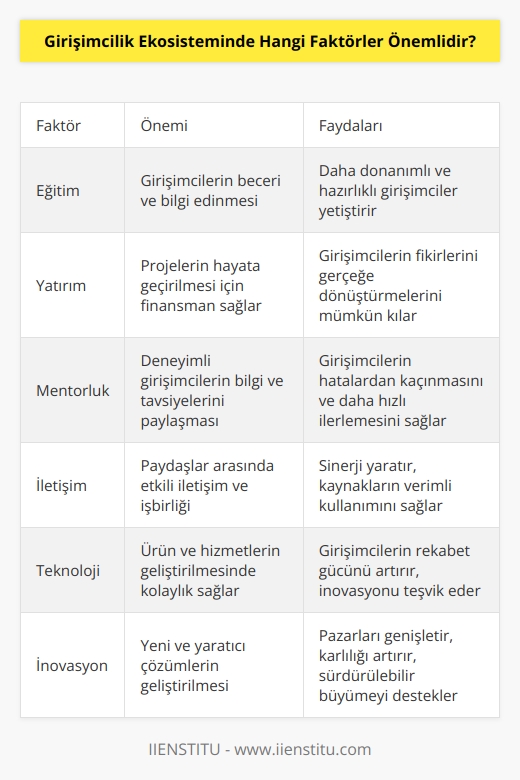 1. Eğitim: Girişimcilik ekosistemi için önemli olan eğitim, girişimcilerin önemli beceriler ve bilgiler edinmesine olanak sağlar.  2. Yatırım: Girişimcilerin projelerini hayata geçirmeleri için gerekli olan finansman, özellikle başlangıçta önemli bir faktördür.  3. Mentorluk: Girişimcilik ekosisteminde, başarılı girişimcilerin deneyimlerinden yararlanmak ve tavsiyeler almak için mentorluk önemlidir.  4. İletişim: Başarılı bir girişimci olmak için, girişimci ekosistemi içerisinde paydaşlar arasında    önemlidir.  5. Teknoloji: Teknolojinin gücünün artması, girişimcilerin ürünlerini ve hizmetlerini geliştirmelerini ve daha hızlı bir şekilde çalışmalarını kolaylaştırır.  6. İnovasyon: Girişimcilik ekosistemi için önemli olan en önemli faktördür. İnovasyon, girişimcilerin ürünlerini ve hizmetlerini geliştirmelerini, pazarlarını genişletmelerini ve karlılıklarını artırmalarını sağlar.
