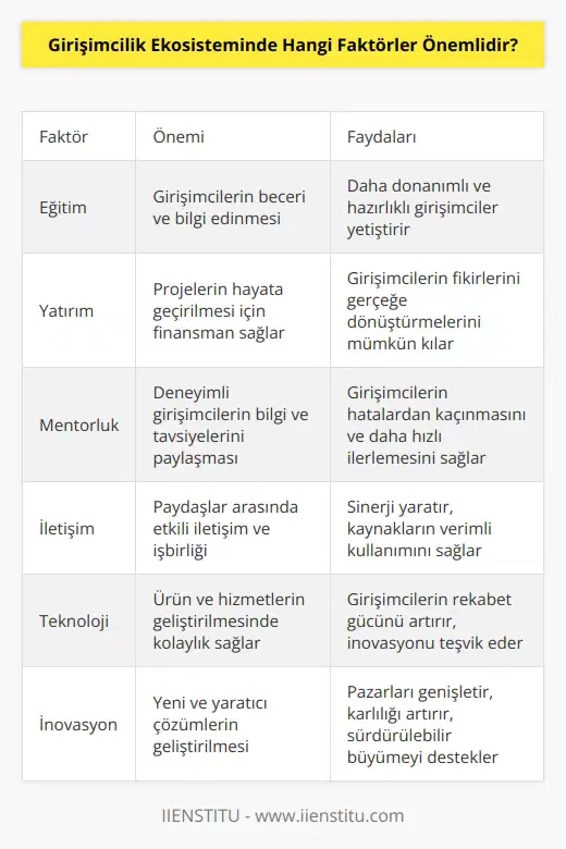 1. Eğitim: Girişimcilik ekosistemi için önemli olan eğitim, girişimcilerin önemli beceriler ve bilgiler edinmesine olanak sağlar. 2. Yatırım: Girişimcilerin projelerini hayata geçirmeleri için gerekli olan finansman, özellikle başlangıçta önemli bir faktördür. 3. Mentorluk: Girişimcilik ekosisteminde, başarılı girişimcilerin deneyimlerinden yararlanmak ve tavsiyeler almak için mentorluk önemlidir. 4. İletişim: Başarılı bir girişimci olmak için, girişimci ekosistemi içerisinde paydaşlar arasında önemlidir. 5. Teknoloji: Teknolojinin gücünün artması, girişimcilerin ürünlerini ve hizmetlerini geliştirmelerini ve daha hızlı bir şekilde çalışmalarını kolaylaştırır. 6. İnovasyon: Girişimcilik ekosistemi için önemli olan en önemli faktördür. İnovasyon, girişimcilerin ürünlerini ve hizmetlerini geliştirmelerini, pazarlarını genişletmelerini ve karlılıklarını artırmalarını sağlar.