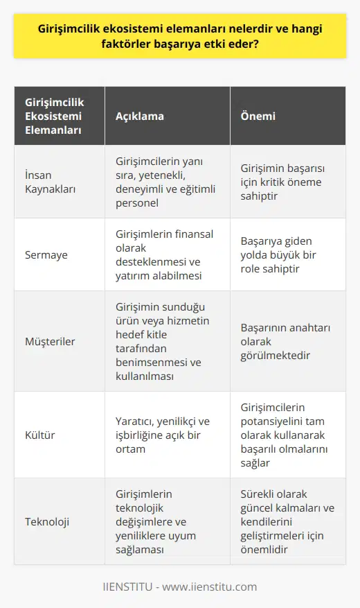 Girişimcilik Ekosistemi Elemanları ve Başarıya Etki Eden Faktörler Girişimcilik kavramının önemi gün geçtikçe artmaktadır. Bu kapsamda girişimciliğin başarısı için özellikle son dönemde sıkça konuşulan girişimcilik ekosistemi kavramı büyük öneme sahiptir. Peki, girişimcilik ekosistemi elemanları nelerdir ve hangi faktörler başarıya etki eder? Girişimcilik Ekosistemi Elemanları Girişimcilik ekosistemi, girişimcilerin başarılı olmalarını sağlayan ve destekleyen bir dizi faktör ve öğeden oluşur. Bu öğeler arasında şunlar sayılabilir: 1. İnsan Kaynakları: Girişimcilerin yanı sıra, girişimin başarısı için yetenekli, deneyimli ve eğitimli personel de büyük önem taşır. 2. Sermaye: Girişimlerin finansal olarak desteklenmesi ve yatırım alabilmesi, başarıya giden yolda kritik bir faktördür. 3. Müşteriler: Girişimin sunduğu ürün veya hizmetin hedef kitle tarafından benimsenmesi ve kullanılması da başarının anahtarıdır. 4. Kültür: Yaratıcı, yenilikçi ve işbirliğine açık bir ortam, girişimcilerin potansiyelini tam olarak kullanarak başarılı olmasını sağlar. Başarıya Etki Eden Faktörler Girişimcilik ekosistemi elemanları dışında, başarının sağlanabilmesi için dikkate alınması gereken bazı faktörler de bulunmaktadır. Bu faktörler şunlardır: 1. Pazar ve Rekabet: Girişimin faaliyet gösterdiği sektör, pazarın büyüklüğü ve piyasadaki rekabet seviyesi de başarıyı etkileyen önemli faktörlerdir. 2. Teknoloji: Girişimlerin teknolojik değişimlere ve yeniliklere uyum sağlayarak sürekli olarak güncel kalmaları ve kendilerini geliştirmeleri gerekmektedir. 3. İş Modeli ve Strateji: Girişimin başarısı, doğru iş modelini benimsemesi ve sürekli olarak strateji geliştirerek hedeflerine ulaşmasıyla da yakından ilişkilidir. 4. Liderlik ve Yönetim: Girişimcilerin yeteneklerini doğru şekilde yönetmeleri, liderlik ve yönetim becerileriyle başarılı olmaları büyük önem taşır. Sonuç Girişimcilik ekosistemi elemanları ve başarıya etki eden faktörlerin doğru şekilde kullanılması ve değerlendirilmesi, girişimcilerin başarılı olmalarında büyük rol oynar. Bu nedenle, girişimlerin başarısını artırmak için hem ekosistem öğelerinin hem de başarı faktörlerinin dikkate alınması ve gereken adımların atılması gerekmektedir.