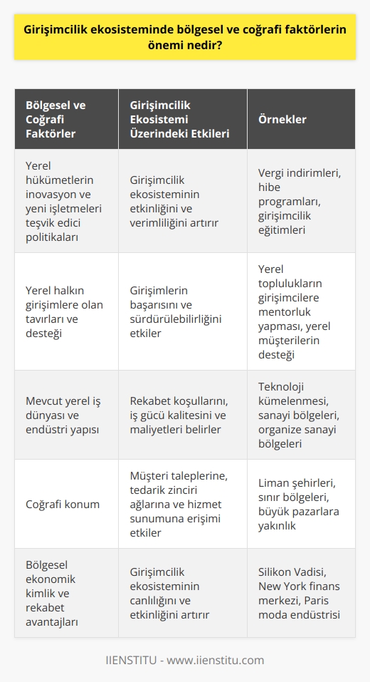 Girişimcilik ekosisteminde bölgesel ve coğrafi faktörlerin önemi tartışılamaz. Bölgesel ve coğrafi faktörler, girişimcilik ekosisteminin etkinliğini ve verimliliğini önemli ölçüde etkiler. Örneğin, bir girişimin başarısında, yerel hükümetlerin inovasyon ve yeni işletmeleri teşvik edici politikaları, yerel halkın girişimlere olan tavırları ve desteği, ile mevcut yerel iş dünyası ve endüstri yapısı önemli rol oynar. Bu faktörler, yerel pazarda rekabet koşullarını, iş gücü kalitesini ve maliyetleri, yerel tedarikçi ve dağıtım ağlarını ve diğer çeşitli faktörleri belirler.   Bölgesel ve coğrafi faktörler ayrıca, girişimlerin hedef pazarlarına, işletme stratejilerine ve hatta girişimlerin hangi ürün veya hizmetleri sunacaklarına da şekil verir. Örneğin, bir girişimin bulunduğu coğrafi konum, müşteri taleplerine, tedarik zinciri ağlarına ve hizmet sunumuna kolay erişim sağlayabilir veya bu erişimi zorlaştırabilir. Bu nedenle, girişimcilik ekosisteminin dinamiklerini ve potansiyelini anlamak için bölgesel ve coğrafi faktörlerin derinlemesine incelenmesi gerekmektedir.   Bölgesel ve coğrafi faktörler, girişimciliği destekleyen bir ekosistemin sağlam bir temel oluşturmasında kritik bir rol oynar. Bu faktörler   n gelişimini besler ve teşvik ederken, bölgelerin kendi uniq ekonomik kimliklerini ve rekabet avantajlarını geliştirmelerine yardımcı olur. Sonuç olarak, bölgesel ve coğrafi faktörlerin girişimcilik ekosisteminin canlılığı ve etkinliği üzerinde belirleyici bir etkisi bulunmaktadır.