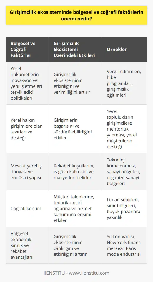 Girişimcilik ekosisteminde bölgesel ve coğrafi faktörlerin önemi tartışılamaz. Bölgesel ve coğrafi faktörler, girişimcilik ekosisteminin etkinliğini ve verimliliğini önemli ölçüde etkiler. Örneğin, bir girişimin başarısında, yerel hükümetlerin inovasyon ve yeni işletmeleri teşvik edici politikaları, yerel halkın girişimlere olan tavırları ve desteği, ile mevcut yerel iş dünyası ve endüstri yapısı önemli rol oynar. Bu faktörler, yerel pazarda rekabet koşullarını, iş gücü kalitesini ve maliyetleri, yerel tedarikçi ve dağıtım ağlarını ve diğer çeşitli faktörleri belirler. Bölgesel ve coğrafi faktörler ayrıca, girişimlerin hedef pazarlarına, işletme stratejilerine ve hatta girişimlerin hangi ürün veya hizmetleri sunacaklarına da şekil verir. Örneğin, bir girişimin bulunduğu coğrafi konum, müşteri taleplerine, tedarik zinciri ağlarına ve hizmet sunumuna kolay erişim sağlayabilir veya bu erişimi zorlaştırabilir. Bu nedenle, girişimcilik ekosisteminin dinamiklerini ve potansiyelini anlamak için bölgesel ve coğrafi faktörlerin derinlemesine incelenmesi gerekmektedir. Bölgesel ve coğrafi faktörler, girişimciliği destekleyen bir ekosistemin sağlam bir temel oluşturmasında kritik bir rol oynar. Bu faktörler n gelişimini besler ve teşvik ederken, bölgelerin kendi uniq ekonomik kimliklerini ve rekabet avantajlarını geliştirmelerine yardımcı olur. Sonuç olarak, bölgesel ve coğrafi faktörlerin girişimcilik ekosisteminin canlılığı ve etkinliği üzerinde belirleyici bir etkisi bulunmaktadır.