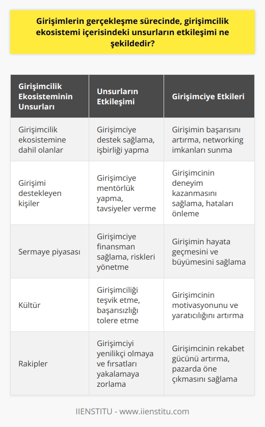 Girişimlerin Gerçekleşme Sürecindeki Etkileşim  Girişimlerin gerçekleşme sürecinde, içinde bulundukları girişimcilik ekosistemi etkileşimi oldukça önemlidir. Ekosistem, birlikte çalışan ayrı ögelerden oluşur ve girişimin başarısına büyük etkisi vardır. Girişimcilik ekosistemi, bölgesel girişimcilik adı verilen geniş bir alanı kapsar. Bu alan, çeşitli unsur ve etmenlerin işbirliği ve etkileşimi ile girişimin başarısını ya da başarısızlığını söz konusu eder.  Ögelerin Etkileşimi  Girişimcilik ekosistemi, geniş bir çeşitlilik gösterir ve ögeler arasındaki etkileşim oldukça önemlidir. Bu ögeler arasında girişimcilik ekosistemine dahil olanlar, girişimi destekleyen kişiler, sermaye piyasası ve kültür sayılabilir. Bu ögeler birlikte girişimcinin işini başarılı kılmak için çaba gösterir. Örneğin, sermaye piyasası girişimciye gerekli olan finansmanı sağlar, aynı zamanda riskleri yönetmek ve girişimi güvence altına almak için gerekli olan yapıları oluşturur.  Sonuç Olarak  Girişimlerin gerçekleşme sürecinde girişimcilik ekosistemi içerisindeki unsurların etkileşimi, başarının önemli bir parçasıdır. Girişimci başarılı olmak için bu ekosistemin iyi bir anlayışına sahip olmalı ve etkileşimlerden en iyi şekilde yararlanmalıdır. Bu nedenle, girişimcilerin, kendi başarılarını etkileyebilecek olan bu etmenler hakkında bilgi sahibi olmaları gerekmektedir. Girişimci, rakiplerinin yapmadığı bir şeyi yapmak veya onları daha hızlı veya daha az maliyetle gerçekleştirmek için fırsatlar yaratmalıdır. Bu da girişimcinin, ekosisteminin dinamiklerini anlamasını ve uygulamasını gerektirir.
