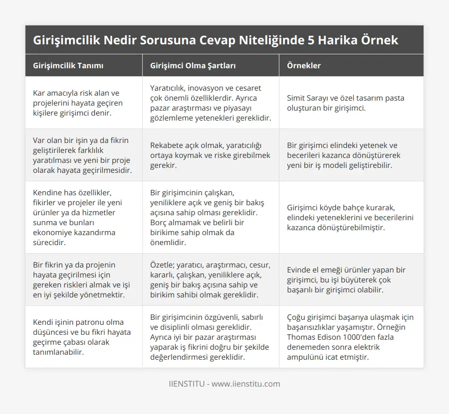 Kar amacıyla risk alan ve projelerini hayata geçiren kişilere girişimci denir, Yaratıcılık, inovasyon ve cesaret çok önemli özelliklerdir Ayrıca pazar araştırması ve piyasayı gözlemleme yetenekleri gereklidir, Simit Sarayı ve özel tasarım pasta oluşturan bir girişimci, Var olan bir işin ya da fikrin geliştirilerek farklılık yaratılması ve yeni bir proje olarak hayata geçirilmesidir, Rekabete açık olmak, yaratıcılığı ortaya koymak ve riske girebilmek gerekir, Bir girişimci elindeki yetenek ve becerileri kazanca dönüştürerek yeni bir iş modeli geliştirebilir, Kendine has özellikler, fikirler ve projeler ile yeni ürünler ya da hizmetler sunma ve bunları ekonomiye kazandırma sürecidir, Bir girişimcinin çalışkan, yeniliklere açık ve geniş bir bakış açısına sahip olması gereklidir Borç almamak ve belirli bir birikime sahip olmak da önemlidir, Girişimci köyde bahçe kurarak, elindeki yeteneklerini ve becerilerini kazanca dönüştürebilmiştir, Bir fikrin ya da projenin hayata geçirilmesi için gereken riskleri almak ve işi en iyi şekilde yönetmektir, Özetle; yaratıcı, araştırmacı, cesur, kararlı, çalışkan, yeniliklere açık, geniş bir bakış açısına sahip ve birikim sahibi olmak gereklidir, Evinde el emeği ürünler yapan bir girişimci, bu işi büyüterek çok başarılı bir girişimci olabilir, Kendi işinin patronu olma düşüncesi ve bu fikri hayata geçirme çabası olarak tanımlanabilir, Bir girişimcinin özgüvenli, sabırlı ve disiplinli olması gereklidir Ayrıca iyi bir pazar araştırması yaparak iş fikrini doğru bir şekilde değerlendirmesi gereklidir, Çoğu girişimci başarıya ulaşmak için başarısızlıklar yaşamıştır Örneğin Thomas Edison 1000'den fazla denemeden sonra elektrik ampulünü icat etmiştir
