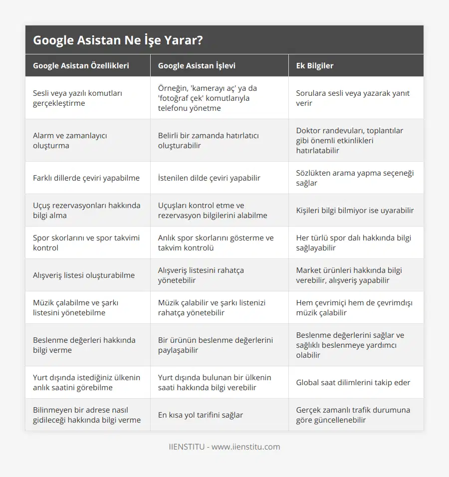 Sesli veya yazılı komutları gerçekleştirme, Örneğin, 'kamerayı aç' ya da 'fotoğraf çek' komutlarıyla telefonu yönetme, Sorulara sesli veya yazarak yanıt verir, Alarm ve zamanlayıcı oluşturma, Belirli bir zamanda hatırlatıcı oluşturabilir, Doktor randevuları, toplantılar gibi önemli etkinlikleri hatırlatabilir , Farklı dillerde çeviri yapabilme, İstenilen dilde çeviri yapabilir, Sözlükten arama yapma seçeneği sağlar, Uçuş rezervasyonları hakkında bilgi alma, Uçuşları kontrol etme ve rezervasyon bilgilerini alabilme, Kişileri bilgi bilmiyor ise uyarabilir, Spor skorlarını ve spor takvimi kontrol, Anlık spor skorlarını gösterme ve takvim kontrolü, Her türlü spor dalı hakkında bilgi sağlayabilir, Alışveriş listesi oluşturabilme, Alışveriş listesini rahatça yönetebilir, Market ürünleri hakkında bilgi verebilir, alışveriş yapabilir,  Müzik çalabilme ve şarkı listesini yönetebilme, Müzik çalabilir ve şarkı listenizi rahatça yönetebilir, Hem çevrimiçi hem de çevrimdışı müzik çalabilir, Beslenme değerleri hakkında bilgi verme, Bir ürünün beslenme değerlerini paylaşabilir, Beslenme değerlerini sağlar ve sağlıklı beslenmeye yardımcı olabilir, Yurt dışında istediğiniz ülkenin anlık saatini görebilme, Yurt dışında bulunan bir ülkenin saati hakkında bilgi verebilir, Global saat dilimlerini takip eder, Bilinmeyen bir adrese nasıl gidileceği hakkında bilgi verme, En kısa yol tarifini sağlar, Gerçek zamanlı trafik durumuna göre güncellenebilir