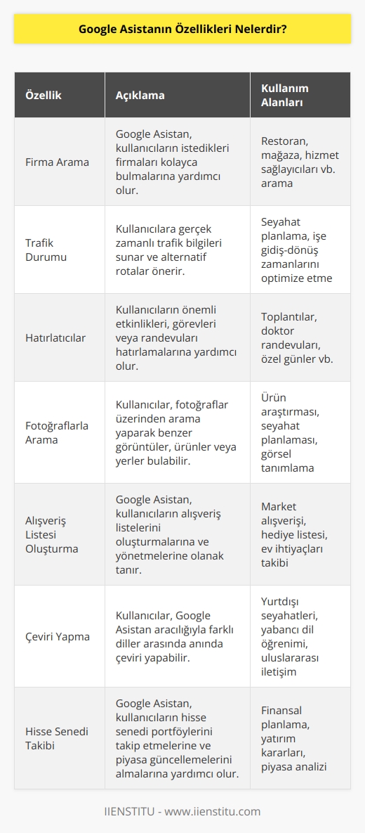 Firma arama ve    özelliği, trafik durumu hakkında bilgi olma ve hatırlatıcı özellikleri vardır. Fotoğraflarla arama yapma ve alışveriş listesi oluşturma da yer alır. Çeviri yapma, hisse senetleri ekleme olarak sayılabilir.