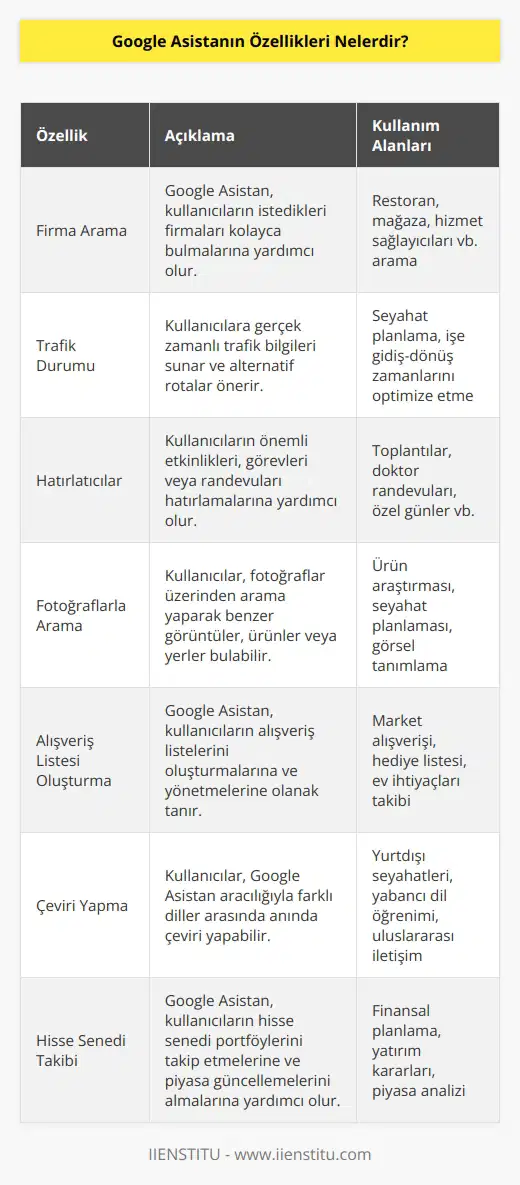 Firma arama ve özelliği, trafik durumu hakkında bilgi olma ve hatırlatıcı özellikleri vardır. Fotoğraflarla arama yapma ve alışveriş listesi oluşturma da yer alır. Çeviri yapma, hisse senetleri ekleme olarak sayılabilir.