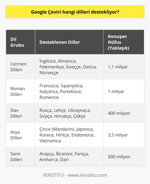 Google Çeviri, yaklaşık 100den fazla dili destekliyor, bunlar arasında İngilizce, Almanca, Fransızca, İspanyolca, İtalyanca, Portekizce, Rusça,   , Çince, Arapça ve    bulunmaktadır.