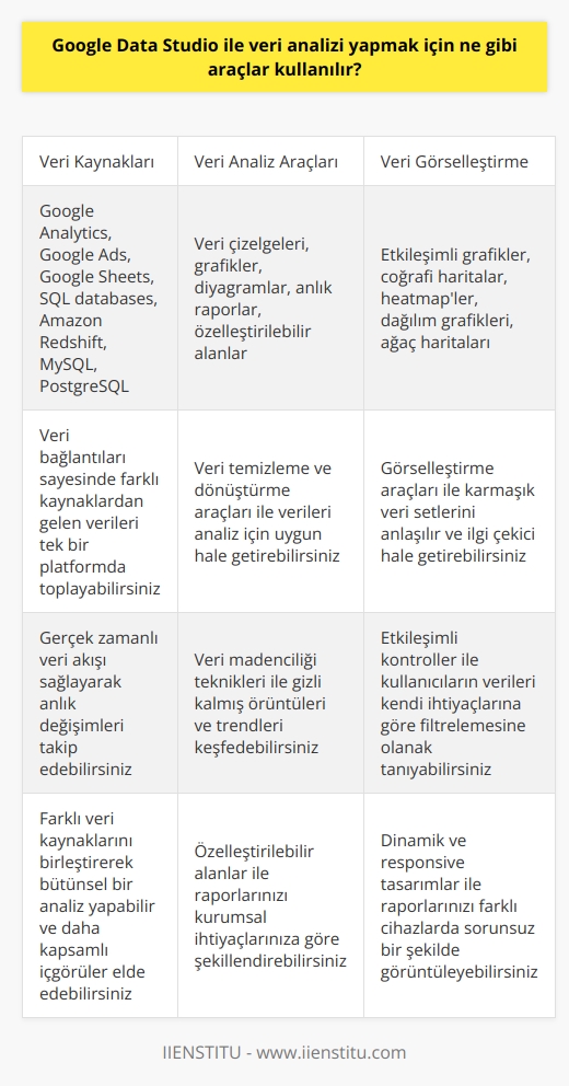 Google Data Studio, kullanıcıların veri çözümleme ve analizi için kullanılabilecek birçok araç sunmaktadır. Bunlar arasında şunlar sayılabilir:  • Veri tabanı ve uzak veri kaynaklarının bağlantısı • Veri çizelgeleri • Grafikler ve diyagramlar • Anlık raporlar • Özelleştirilebilir alanlar •    • Veri temizleme ve dönüştürme • Veri görselleştirme •    ve veri madenciliği