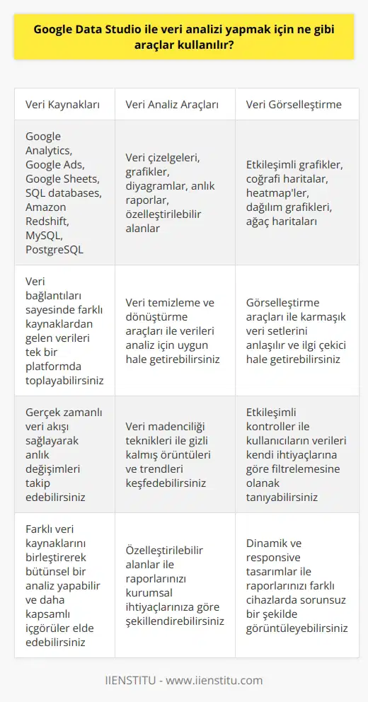 Google Data Studio, kullanıcıların veri çözümleme ve analizi için kullanılabilecek birçok araç sunmaktadır. Bunlar arasında şunlar sayılabilir: • Veri tabanı ve uzak veri kaynaklarının bağlantısı • Veri çizelgeleri • Grafikler ve diyagramlar • Anlık raporlar • Özelleştirilebilir alanlar • • Veri temizleme ve dönüştürme • Veri görselleştirme • ve veri madenciliği