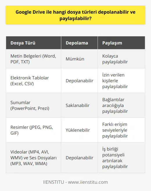 Google Drive ile Depolanabilecek ve Paylaşılabilecek Dosya Türleri  Google Drive, 24 Nisan 2012 tarihinde kullanıma açılan bir bulut tabanlı veri depolama servisidir. Bu servis sayesinde kullanıcılar, bilgisayarlarında bulunan verileri internet ortamında saklayarak önemli dosyaları güvenli bir şekilde depolayabilirler. Peki, Google Drive ile hangi dosya türleri depolanabilir ve paylaşılabilir?  Çeşitli Dosya Türlerinin Depolama ve Paylaşımı  Google Drive, kullanıcılarına çok çeşitli dosya türlerini depolama ve paylaşma imkanı sunar. Bunlar arasında en yaygın olarak kullanılanlar; metin belgeleri (Word, PDF, TXT), elektronik tablolar (Excel, CSV), sunumlar (PowerPoint, Prezi), resimler (JPEG, PNG, GIF), videolar (MP4, AVI, WMV) ve ses dosyaları (MP3, WAV, WMA) gibi formatlara sahip dosyalar bulunmaktadır.   Ayrıca, Google Drive özelinde oluşturulan Google Dokümanlar, Google E-tablolar ve    gibi dosya türleri de depolanabilir ve paylaşılabilir. Bunların yanı sıra yazılım, grafik ve tasarım dosyaları (Adobe, AutoCAD, CorelDRAW) gibi farklı disiplinlere ait dosya türleri de yüklenerek saklanabilir ve istenilen kişilerle paylaşılabilir.  Paylaşım ve Erişim Kolaylığı  Google Drive, kullanıcılarının depoladıkları dosyalarının istedikleri kişilerle paylaşılması konusunda da oldukça kullanışlıdır. Depolanan dosyaların paylaşım işlemleri için Google Drive üzerinden kullanıcılar arasında bağlantılar kurulabilir, izin verilen kişilere de dosyaların erişimi, okuma, düzenleme ya da yönetme gibi farklı seviyelerde erişim sağlanabilir. Bu sayede, dosyalar kolay ve hızlı bir şekilde paylaşılarak işbirliği potansiyeli artırılmış olur.  Sonuç olarak, Google Drive; metin belgelerinden videolara, görsellere, ses dosyalarına ve özel yazılım paketlerine kadar pek çok farklı dosya türünü depolamanıza ve paylaşmanıza olanak tanır. Bu sayede, kullanıcılar kolaylıkla işbirliği yapabilir, dosyaları güvenli bir şekilde koruyabilir ve her zaman erişebilirler. Google Driveın sunduğu bu özellikler sayesinde, kullanıcıların hayatı daha kolay ve pratik hale gelmiştir.