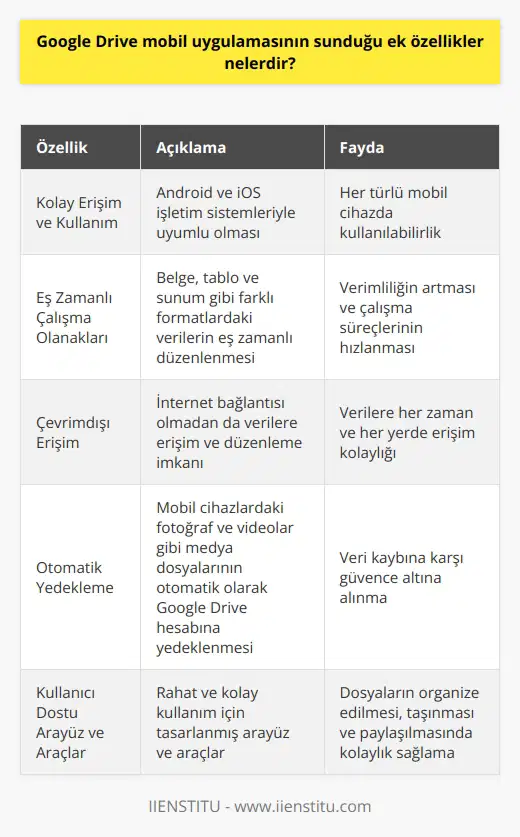 Google Drive Mobil Uygulamasının Sunduğu Ek Özellikler Google Drive, kullanıcıların verilerini güvenli bir şekilde saklamalarını sağlayan bulut tabanlı bir veri depolama hizmetidir. Mobil uygulamasıyla da kullanıcılar, herhangi bir zaman ve mekân kısıtlaması olmadan verilerine ulaşabilirler. Google Drive mobil uygulamasının sunduğu ek özellikler ise şunlardır: Kolay Erişim ve Kullanım Google Drive mobil uygulaması, Android ve iOS işletim sistemleriyle uyumlu olduğu için her türlü mobil cihazda kullanılabilir. Kullanıcılar, Google hesaplarını kullanarak uygulamayı indirip giriş yaptıktan sonra, verilerini yedekleme ve paylaşma gibi işlemleri kolaylıkla gerçekleştirebilirler. Eş Zamanlı Çalışma Olanakları Google Drive mobil uygulaması, kullanıcıların belge, tablo ve sunum gibi farklı formatlardaki verilerini eş zamanlı olarak düzenlemelerine ve takım üyeleriyle ortak çalışma yapmalarına imkân tanır. Bu özellik sayesinde, kullanıcılar verimliliklerini artırır ve çalışma süreçlerini hızlandırır. Çevrimdışı Erişim Google Drive mobil uygulaması, kullanıcıların çevrimdışı olarak da verilerine erişmelerini ve düzenlemelerini sağlar. Kullanıcılar, internet bağlantısı olmayan zamanlarda bile dokümanlarını açabilir ve değişiklik yapabilir, sonrasında çevrimiçi olduğunda yapılan değişiklikler otomatik olarak senkronize edilir. Otomatik Yedekleme Mobil uygulama sayesinde, kullanıcıların mobil cihazlarında bulunan fotoğraf ve videolar gibi medya dosyaları, otomatik olarak Google Drive hesabına yedeklenebilir. Bu sayede, kullanıcılar cihazlarında yaşanabilecek herhangi bir veri kaybına karşı güvence altına alınır. Kullanıcı Dostu Arayüz ve Araçlar Google Drive mobil uygulamasının arayüzü, kullanıcıların rahat ve kolay bir şekilde uygulamayı kullanabilmeleri için tasarlanmıştır. Uygulama içinde bulunan araçlar, kullanıcıların dosyalarını organize etmelerine, sürükle-bırak yöntemi ile diledikleri yere taşımalarına ve paylaşmalarına olanak tanır. Sonuç olarak, Google Drive mobil uygulaması, kullanıcıların verilerini güvenli ve hızlı bir şekilde saklamalarına ve paylaşmalarına imkân sunarak hayatlarını kolaylaştırır. İşbirliği ve çevrimdışı erişim gibi ek özelliklerle, kullanıcıların verimi artırır ve telefonlarında bulunan verilere daha hızlı erişmelerini sağlar.