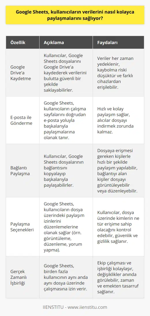 Google Sheets, kullanıcıların verilerini kolayca paylaşmalarını sağlamak için birden fazla yöntem sunar. Bunlar arasında, veriyi Google Drivea kaydetme, e-posta ile gönderme ve başkalarına düzenli olarak bağlantı paylaşma sayılabilir. Kullanıcılar, çalışma sayfasını istedikleri kişilere erişim vermek için paylaşma seçeneklerini de kullanabilirler.