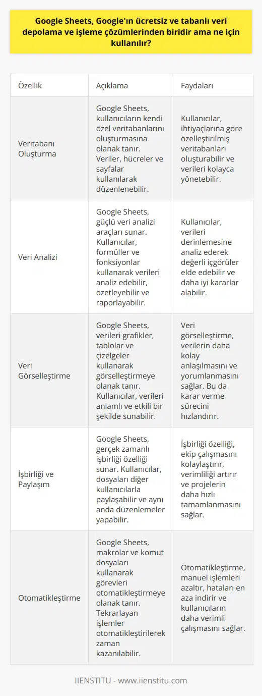 Google Sheets, bir veritabanı oluşturmak,   leri paylaşmak, verileri analiz etmek ve çizimler yapmak için kullanılır. Ayrıca, kullanıcılar Google Sheetsi kullanarak dosyalarını diğer kullanıcılarla paylaşmak, raporlar oluşturmak ve kendi özel veritabanları oluşturmak için kullanabilir. Google Sheets, sağladığı kolay ve hızlı veri işleme araçları sayesinde, kullanıcıların verileri görselleştirme, düzenleme, raporlama ve paylaşma işlemlerini kolaylaştırır.