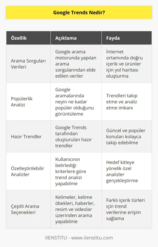 Google Trends arama motorunda yapılan arama sorguları üzerinden oluşturulan verilere ulaşabilmemizi sağlayan bir kaynak olarak görebileceğimiz bu hizmet bize internet ortamında doğru içerik ve ürünler için bir yol haritası niteliğindedir şeklinde ifade edebiliriz. Google aramalarında neyin ne kadar popüler olduğunu görmemizi sağlayan bu araç bize hem kendi oluşturduğu trendleri hazır halde sunar, hem de kendi belirleyeceğimiz kriterlere göre trendleri analiz etmemizi sağlar. Ücretsiz olarak sunulan bu hizmet ile kelimeler, kelime öbekleri, haberler, resim ve videolar üzerinden de aramalar yapılabilir.