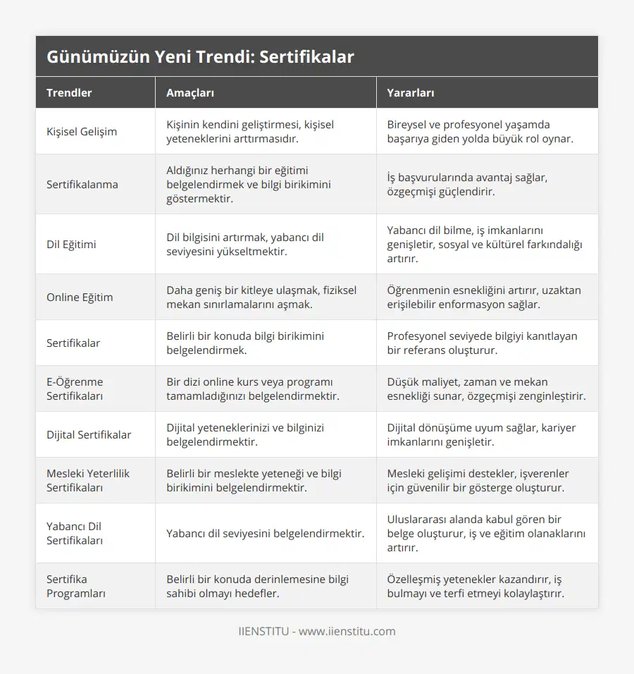 Kişisel Gelişim, Kişinin kendini geliştirmesi, kişisel yeteneklerini arttırmasıdır, Bireysel ve profesyonel yaşamda başarıya giden yolda büyük rol oynar, Sertifikalanma, Aldığınız herhangi bir eğitimi belgelendirmek ve bilgi birikimini göstermektir, İş başvurularında avantaj sağlar, özgeçmişi güçlendirir, Dil Eğitimi, Dil bilgisini artırmak, yabancı dil seviyesini yükseltmektir, Yabancı dil bilme, iş imkanlarını genişletir, sosyal ve kültürel farkındalığı artırır, Online Eğitim, Daha geniş bir kitleye ulaşmak, fiziksel mekan sınırlamalarını aşmak, Öğrenmenin esnekliğini artırır, uzaktan erişilebilir enformasyon sağlar, Sertifikalar, Belirli bir konuda bilgi birikimini belgelendirmek, Profesyonel seviyede bilgiyi kanıtlayan bir referans oluşturur, E-Öğrenme Sertifikaları, Bir dizi online kurs veya programı tamamladığınızı belgelendirmektir, Düşük maliyet, zaman ve mekan esnekliği sunar, özgeçmişi zenginleştirir, Dijital Sertifikalar, Dijital yeteneklerinizi ve bilginizi belgelendirmektir, Dijital dönüşüme uyum sağlar, kariyer imkanlarını genişletir, Mesleki Yeterlilik Sertifikaları, Belirli bir meslekte yeteneği ve bilgi birikimini belgelendirmektir, Mesleki gelişimi destekler, işverenler için güvenilir bir gösterge oluşturur, Yabancı Dil Sertifikaları, Yabancı dil seviyesini belgelendirmektir, Uluslararası alanda kabul gören bir belge oluşturur, iş ve eğitim olanaklarını artırır, Sertifika Programları, Belirli bir konuda derinlemesine bilgi sahibi olmayı hedefler, Özelleşmiş yetenekler kazandırır, iş bulmayı ve terfi etmeyi kolaylaştırır