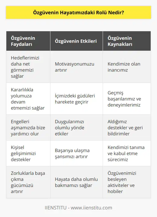 Özgüven ve hayatımızdaki rolü çok önemlidir. Böylece önümüzü daha net görürüz. Çünkü gideceğimiz yeri biliyoruz. Bu yolu isteyerek yürüyoruz. Çünkü içimizde kıpır kıpır olan güdülerimiz var. Hissediyoruz bunları. Yolun sonunda hedefimize ulaşacağımızı hissediyoruz. İnanıyoruz kendimize.
