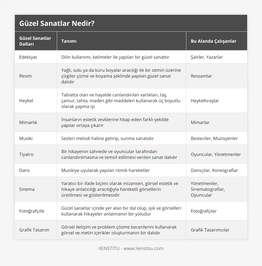 Edebiyat, Dilin kullanımı, kelimeler ile yapılan bir güzel sanattır, Şairler, Yazarlar, Resim, Yağlı, sulu ya da kuru boyalar aracılığı ile bir zemin üzerine çizgiler çizme ve boyama şeklinde yapılan güzel sanat dalıdır, Ressamlar, Heykel, Tabiatta olan ve hayalde canlandırılan varlıkları, taş, çamur, tahta, maden gibi maddeleri kullanarak üç boyutlu olarak yapma işi, Heykeltıraşlar, Mimarlık, İnsanların estetik zevklerine hitap eden farklı şekilde yapılar ortaya çıkarır, Mimarlar, Musiki, Sesleri melodi haline getirip, sunma sanatıdır, Besteciler, Müzisyenler, Tiyatro, Bir hikayenin sahnede ve oyuncular tarafından canlandırılmasına ve temsil edilmesi verilen sanat dalıdır, Oyuncular, Yönetmenler, Dans, Musikiye uyularak yapılan ritmik hareketler, Dansçılar, Koreograflar, Sinema, Yaratıcı bir ifade biçimi olarak mizansen, görsel estetik ve hikaye anlatıcılığı aracılığıyla hareketli görsellerin üretilmesi ve gösterilmesidir, Yönetmenler, Sinematograflar, Oyuncular, Fotoğrafçılık, Güzel sanatlar içinde yer alan bir dal olup, ışık ve görselleri kullanarak hikayeler anlatmanın bir yoludur, Fotoğrafçılar, Grafik Tasarım, Görsel iletişim ve problem çözme becerilerini kullanarak görsel ve metin içerikler oluşturmanın bir dalıdır, Grafik Tasarımcılar