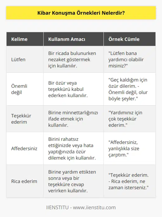 Herhangi bir dilde insanlarla iletişim kurarken güzel ve kibar konuşmak önemlidir. Bunun için hatırlamanız gereken bazı ipuçları bulunmaktadır. Lütfen, önemli değil, teşekkür ederim, affedersiniz gibi kelimeler kibar arasında yer almaktadır.