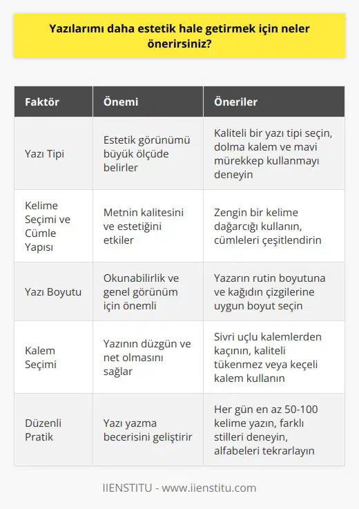 Estetik yazıların oluşturulmasında birtakım faktörler vardır. İlk olarak yazı tipi önemlidir. Her ne kadar süslü araçlara ihtiyaç olmasa da yazı tipinin kalitesi estetiği büyük ölçüde belirler. Örneğin, rengarenk kalemlerle yazmak bazı kişilere cazip gelirken, dolma kalem ve mavi mürekkep bazı yazarlar için tercih edilen yöntemlerdir. Yazılı metni daha estetik hale getirebilmek için kullanılan kelimelerin kalitesi ve cümle yapılarının karmaşıklığı da önemlidir. Yazarın kendi tarzı ve kişisel yaratıcılığı da bu süreçte büyük bir rol oynar. Yazı boyutunu kontrol etmek, yazının estetik görünümünü de etkiler. Hem okunabilirlik hem de genel görünüm açısından önemli olan yazı boyutu, yazarın rutin olarak yazdığı boyuta ve kağıdın çizgilerine bağlı olmalıdır. Kurşun kalem veya uçlu kalem kullanılıyorsa, kalemin ucunun sivri olmaması, yazarken yapılacak hataların temizlenmesini kolaylaştırabilir. Ancak, kaliteli bir tükenmez kalem veya keçeli kalem kullanmak da yazının düzgün ve net olmasına yardımcı olabilir. Yazıya estetik katan son bir faktör de bol pratiktir. Yazı yazma becerisi, düzenli pratik ve sürekli geliştirme gerektirir. Her gün en az 50-100 kelime yazmak, pratik yapmayı sürdürmek ve yazıları zaman içinde iyileştirmek önemlidir. Harflerin şeklini, boyutunu ve yerleşimini kontrol etmek, alfabeleri tekrar tekrar yazmak ve farklı ni denemek de etkili bir pratik yöntemi olabilir.