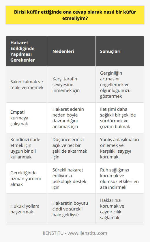 Hakarete hakaretle karşılık vermek yapacağımız en son şey olmalıdır. Birine hakaret eden bir insan kendine güveni olmayan ve söyleyecek başka bir şeyi olmayan insandır. Onun seviyesine inmemek için öncelikle sakin kalmayı öğrenmeliyiz.