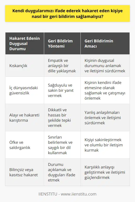 Hakaret Alan Bir Birey Olarak Nasıl Geri Bildirim Sağlamalıyız? Hakaret alan bir birey olarak, belirleyici olan, kendimize ve diğer bireye duygusal müdahalede bulunmadan geri bildirimi nasıl sağlayacağımızdır. Hatta ilk önce, hakaret eden kişinin eylemine neden olan duygusal durumunu anlamak, olumlu bir geri bildirim oluşturmanın anahtarı olabilir. Fakat bu, hakaretin kabul edilebilir bir durum olduğu anlamına gelmez. Hakaretin kökünde çoğunlukla, kıskançlık veya kişinin kendi iç dünyasındaki güvensizlik gibi duygusal sorunlar yatar. Hakaret eden kişinin bu tür duygusal durumlarını anlayabildiğimizde, ona daha sağduyulu bir yanıt verebiliriz. Ancak her durumda, empati ve anlayışla yanıt verme ihtiyacı, hakareti hakaret ile karşılık verme düşüncesini aşmalıdır. Hakaretin içeriği ve amacı, ona nasıl tepki verileceğini belirleyen etkenlerden biridir. Özellikle alaycı ve hakaret arasındaki çizginin nispeten belirsiz olduğu durumlarda, yanıtımızı daha dikkatli ve hassas şekilde formüle etmek gerekmektedir. Kıskançlık gibi duygusal durumların etkisi altında olan kişilere tepki verirken, hem duygusal hem de bilişsel empati kullanmamız gerekmektedir. Sonuç olarak, birine hakaret etmek yerine, onun eyleminin altında yatan sebepleri anlamak ve sağduyulu bir yanıt vermek, hem bireylerarası ilişkileri korumamızı hem de toplum içinde daha sevgi dolu ve anlayışlı bir atmosfer oluşturmamızı sağlar. Kendi duygularımızı ifade ederken, hakaret içermeyen, anlayış ve empatiyle dolu bir dil kullanmamız, iletişim süreçlerimizi daha sağlıklı hale getirir.