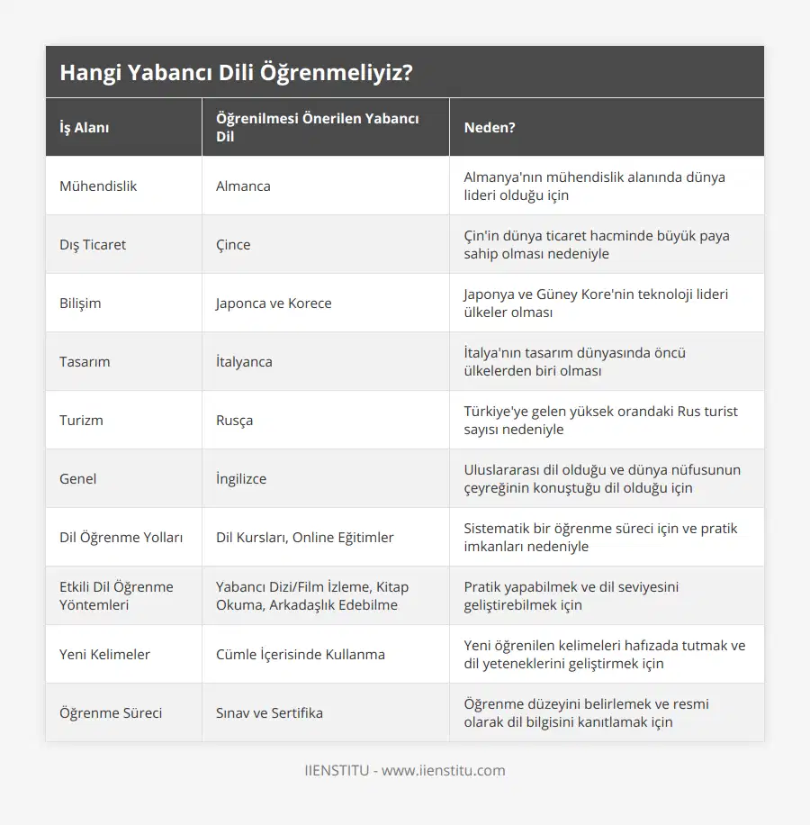 Mühendislik, Almanca, Almanya'nın mühendislik alanında dünya lideri olduğu için, Dış Ticaret, Çince, Çin'in dünya ticaret hacminde büyük paya sahip olması nedeniyle, Bilişim, Japonca ve Korece, Japonya ve Güney Kore'nin teknoloji lideri ülkeler olması, Tasarım, İtalyanca, İtalya'nın tasarım dünyasında öncü ülkelerden biri olması, Turizm, Rusça, Türkiye'ye gelen yüksek orandaki Rus turist sayısı nedeniyle, Genel, İngilizce, Uluslararası dil olduğu ve dünya nüfusunun çeyreğinin konuştuğu dil olduğu için, Dil Öğrenme Yolları, Dil Kursları, Online Eğitimler, Sistematik bir öğrenme süreci için ve pratik imkanları nedeniyle, Etkili Dil Öğrenme Yöntemleri, Yabancı Dizi/Film İzleme, Kitap Okuma, Arkadaşlık Edebilme, Pratik yapabilmek ve dil seviyesini geliştirebilmek için, Yeni Kelimeler, Cümle İçerisinde Kullanma, Yeni öğrenilen kelimeleri hafızada tutmak ve dil yeteneklerini geliştirmek için, Öğrenme Süreci, Sınav ve Sertifika, Öğrenme düzeyini belirlemek ve resmi olarak dil bilgisini kanıtlamak için