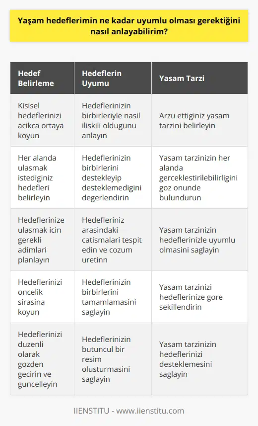 Yaşam hedeflerinin uyumlu olmasını anlamak için, yaşamınızın genel manzarasını ve yaşamınızdaki bütün parçaların nasıl bir araya gelebileceğini anlamanız gerekir. Bunun için, kişisel hedeflerinizi açıkça ortaya koymanız ve bunların nasıl birbirleriyle ilişkili olduğunu anlamanız gerekir. Kişisel hedeflerinizi açıkça ifade etmek, hayatınızın her alanında ulaşmak istediğiniz hedefleri ve bunlarla ilgili olarak alacağınız adımları çok daha kolay hale getirecektir. Ayrıca, yaşam hedeflerinizin uyumlu olması için arzu ettiğiniz yaşam tarzınızı da ortaya koymanız ve bu tarzın her alanda gerçekleştirilebilirliğini göz önünde bulundurmanız gerekir.