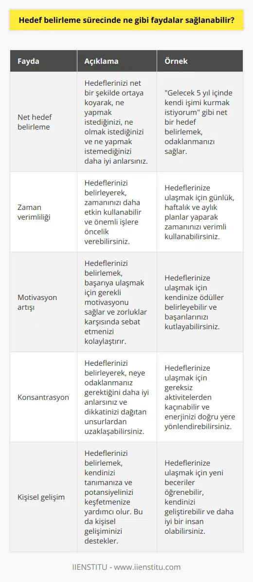 Faydaların başlıcaları şunlardır:  1. Hedeflerinizi açık ve net bir şekilde ortaya koymak. Hedeflerinizi belirlediğinizde, ne yapmak istediğinizi, ne olmak istediğinizi ve ne yapmak istemediğinizi daha açık bir şekilde görebilirsiniz.  2. Zaman verimliliği ve odaklanma. Hedeflerinizi belirlediğinizde, ne yapmak istediğinizi ve ne olmak istediğinizi görerek zamanınızı etkin kullanabilirsiniz.  3. Motivasyon ve sebat gücü. Hedeflerinizi belirlediğinizde, neden başarılı olmak istediğinizi ve nelere gözünüzü diktiğinizi daha iyi anlarsınız. Hedeflerinizi gerçekleştirmek için gerekli motivasyonu ve sebatı sağlamış olursunuz.  4. Konsantrasyon. Hedeflerinizi belirlediğinizde, neye odaklanmanız gerektiğini daha iyi anlarsınız. Böylece zamanınızı etkin bir şekilde kullanabilir ve günlük rutininizi daha kolay bir şekilde yerine getirebilirsiniz.