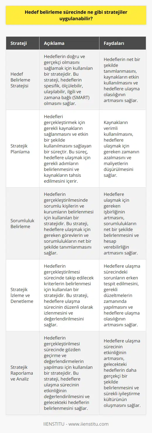1. Hedeflerin doğru ve gerçekçi olmasını sağlamak için hedef belirleme stratejisi uygulanması.  2. Hedefleri gerçekleştirme sürecinde gerekli kaynakların sağlanmasının sağlanması için stratejik planlama yapılması.  3. Hedeflerin gerçekleştirme sürecinde sorumlu kişilerin ve kurumların belirlenmesi için akılcı bir yaklaşım geliştirilmesi.  4. Hedeflerin gerçekleştirme sürecinde takip edilecek kriterlerin belirlenmesi için stratejik izleme ve denetleme planı yapılması.  5. Hedeflerin gerçekleştirme sürecinde gözden geçirme ve değerlendirmelerin gerçekleştirilmesi için stratejik raporlama ve analiz yapılması.