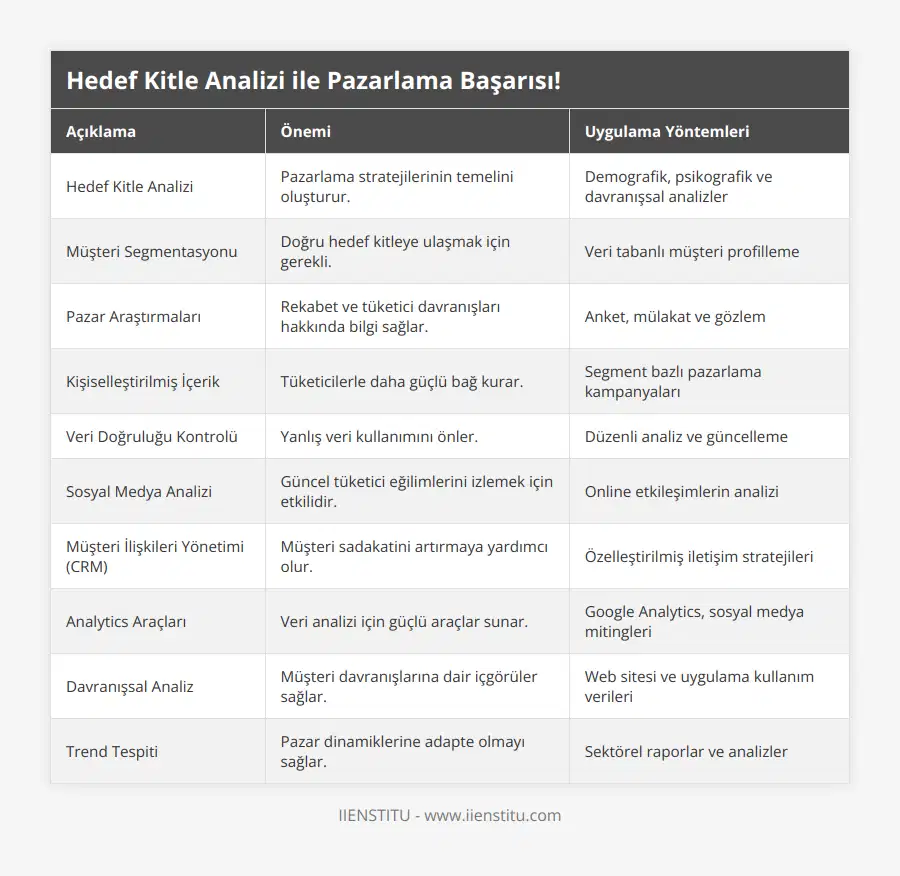 Hedef Kitle Analizi, Pazarlama stratejilerinin temelini oluşturur, Demografik, psikografik ve davranışsal analizler, Müşteri Segmentasyonu, Doğru hedef kitleye ulaşmak için gerekli, Veri tabanlı müşteri profilleme, Pazar Araştırmaları, Rekabet ve tüketici davranışları hakkında bilgi sağlar, Anket, mülakat ve gözlem, Kişiselleştirilmiş İçerik, Tüketicilerle daha güçlü bağ kurar, Segment bazlı pazarlama kampanyaları, Veri Doğruluğu Kontrolü, Yanlış veri kullanımını önler, Düzenli analiz ve güncelleme, Sosyal Medya Analizi, Güncel tüketici eğilimlerini izlemek için etkilidir, Online etkileşimlerin analizi, Müşteri İlişkileri Yönetimi (CRM), Müşteri sadakatini artırmaya yardımcı olur, Özelleştirilmiş iletişim stratejileri, Analytics Araçları, Veri analizi için güçlü araçlar sunar, Google Analytics, sosyal medya mitingleri, Davranışsal Analiz, Müşteri davranışlarına dair içgörüler sağlar, Web sitesi ve uygulama kullanım verileri, Trend Tespiti, Pazar dinamiklerine adapte olmayı sağlar, Sektörel raporlar ve analizler