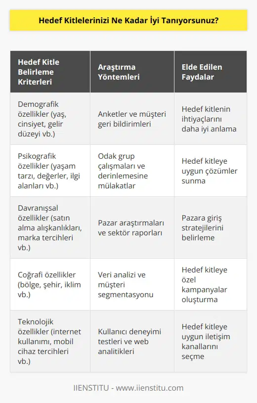 Hedef kitlelerimizi çok iyi tanıyoruz. Hedef kitlelerimizi belirlemek için bizim için önemli olan karakteristikleri belirledik. Ayrıca, hedef kitlemizin ihtiyaçlarını, beklentilerini ve tercihlerini anlamak için çeşitli araştırmalar yapıyoruz. Ayrıca, hedef kitlemizi inceleyerek ne tür çözümler sunmamız gerektiği ve pazara nasıl girmemiz gerektiği konularında önemli bilgiler ediniyoruz.