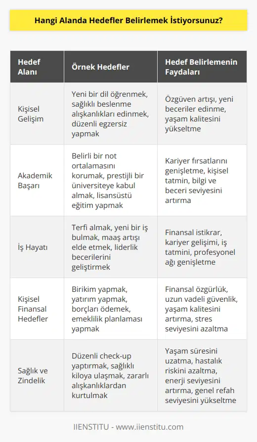 Hedeflerimi belirlemek istediğim alan, kişisel gelişim, akademik başarı, iş hayatı veya kişisel finansal hedefler gibi farklı alanlardır.