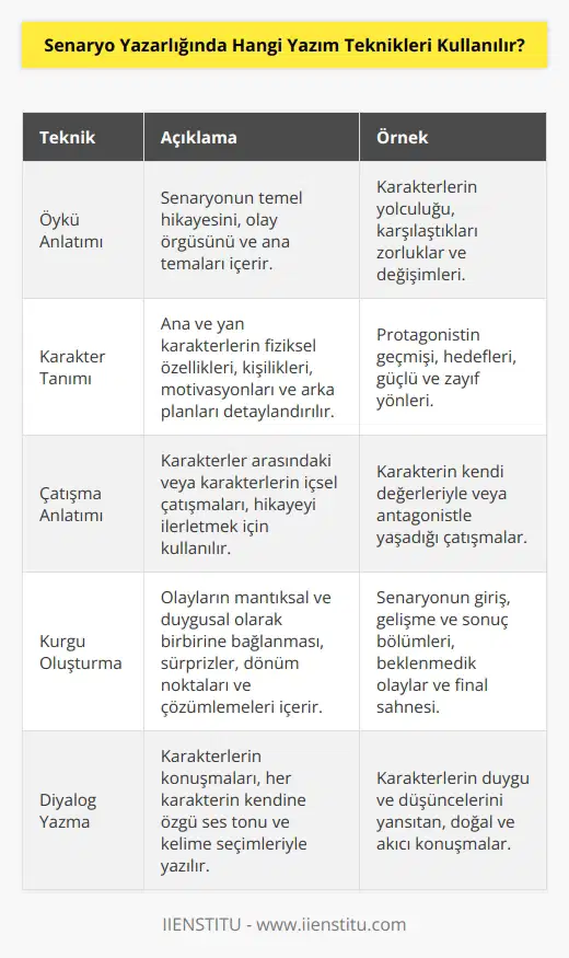 Senaryo yazarlığında kullanılan yazım teknikleri arasında; öykü anlatımı, karakter tanımı, konu açıklama, çatışma anlatımı, kurgu oluşturma, dialog yazma, özet çerçeve oluşturma ve diyalogların kurgulanması sayılabilir.