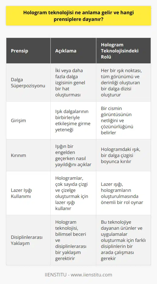 Hologram teknolojisi esasen ışık dalgalarını ve yerçekimini kullanarak bir cismin üç boyutlu bir görüntüsünü oluşturmayı hedefler. Bu görüntüler katı şekillerde oldukça gerçekçi bir şekilde görünebilirler ve hatta bazı durumlarda fiziksel bir cisimle etkileşime girebilmişlerdir. Teknolojinin bu şekilde ilerlemesi mümkün oldu çünkü hologramların oluşturulması için kullanılan ışık dalgaları, bir cismin her yüzeyini tamamen kaplamak üzere yeniden yönlendirilebilir. Ayrıca, hologramlar çok sayıda çizgi ve çizelge oluşturmak için lazer ışığı kullanabilir. Bu teknolojinin prensiplerinden üçü temel olarak anılabilir; dalga süperpozisyonu, girişim ve kırınım prensipleri.  Dalga süperpozisyonu prensibi, iki veya daha fazla dalga izgisinin genel bir hattı oluşturacağını ifade eder. Bir hologramdaki her bir ışık noktası, tüm görünümü ve derinliği oluşturan bir dalga dizi oluşturur. Girişim prensibi ise ışık dalgalarının birbirleriyle etkileşime girme yeteneklerine işaret eder; bu, bir cismin görüntüsünün netliğini ve çözünürlüğünü belirler. Kırınım prensibi ise ışığın bir engelden geçerken nasıl yayıldığını açıklar. Katı bir nesne üzerindeki ışığın kırılmasında olduğu gibi, hologramdaki ışık da bir dalga çizgisi boyunca kırılır.  Bu üç prensip, hologram teknolojisinin genel çalışma sisteminin temelini oluşturur ve bu prensipler, bilim adamları ve mühendisler tarafından hologramların oluşturulması ve geliştirilmesi işlemlerinde temel referans noktası olarak kabul edilir. Ancak, bu teknolojinin prensiplerini ve işlevlerini anlamak için biraz daha bilimsel bilgi ve anlayış gerekmektedir. Sonuç olarak, hologram teknolojisi, ışığı ve onun doğasını anlama yeteneğimiz üzerinde duran karmaşık bir teknolojidir ve bu nedenle, bu teknolojiye dayanan ürünler ve uygulamalar oluşturmak için bilimsel beceri ve disiplinlerarası bir yaklaşım gerektirir.