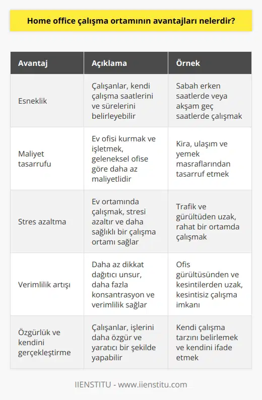 1. Daha fazla esneklik: Home office çalışma ortamında, çalışanlar istedikleri zaman ve istedikleri süreyle çalışabilir.  2. Daha düşük maliyetler: Home office çalışma ortamının kurulumu ve işletimi için daha düşük maliyetleri vardır.  3. Daha az stres: Home office çalışma ortamının kullanımı, çalışanların stresini azaltarak daha sağlıklı bir ortamda çalışmalarını sağlar.  4. Daha fazla konsantrasyon: Home office çalışma ortamında, çalışanlar gürültü ve diğer çevresel etkenlerden uzak olarak daha iyi konsantre olabilir ve daha verimli çalışabilir.  5. Daha fazla özgürlük: Home office çalışma ortamında, çalışanlar işleri daha özgür bir şekilde yapabilirler ve daha fazla kendini gerçekleştirebilirler.