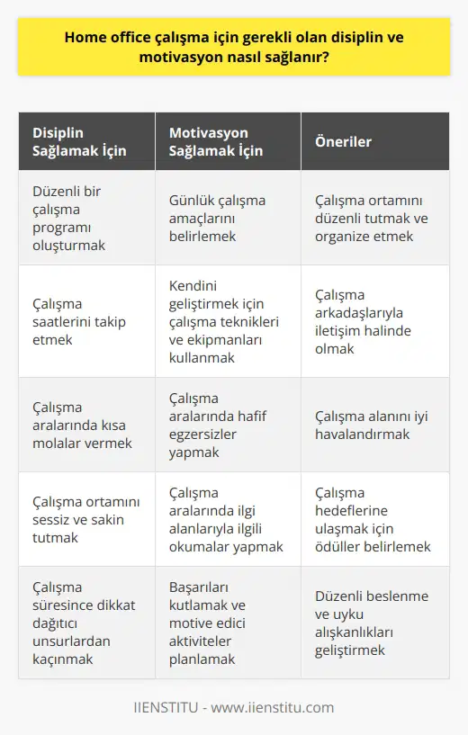 Disiplin ve motivasyon, ev ortamında çalışırken kritik öneme sahiptir. Ev ortamında çalışmayı başarılı bir şekilde yürütebilmek için, disiplini ve motivasyonu sağlamak önemlidir. Disiplini sağlamak için, her gün belirli bir çalışma programı oluşturmak, odanın düzenli ve çalışmaya uygun bir ortamda olmasını sağlamak, çalışma saatlerinin düzenli olarak takip edilmesi ve çalışma aralarında kısa dinlenme molası vermek gerekmektedir. Motivasyonu sağlamak için ise, günlük çalışma amaçlarının belirlenmesi ve bunları gerçekleştirmeye çalışmak, çalışma alanında kendini geliştirmek için çalışma teknikleri ve ekipmanları kullanmak, çalışma aralarında hafif egzersizler ve spor faaliyetleri yapmak, çalışma aralarında ürün ve hizmetler hakkında okumak gibi faaliyetler yapmak önemlidir.