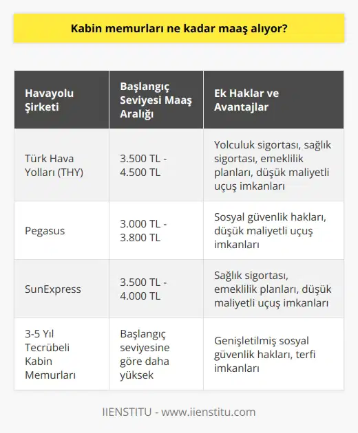 Kabin Memurlarının Maaşları Kabin memurlarının maaşları, ülkeden ülkeye ve hava yolu şirketinden hava yolu şirketine değişkenlik gösterir. Türkiyedeki kabin memurları için ödeme koşulları ve ekstra avantajlar söz konusu olduğunda da farklılık söz konusudur. Çalışılan Havayolu Şirketine Göre Değerlendirme Türkiye’de popüler hava yolu şirketleri olan Türk Hava Yolları (THY), Pegasus ve SunExpress, kabin memuru maaşlarını belirlerken farklı ölçütler kullanmaktadır. Başlangıç seviyesinde bir kabin memuru THYde ortalama 3.500 TL ile 4.500 TL arası maaş alırken, Pegasusta ortalama 3.000 TL ile 3.800 TL ve SunExpresste ise ortalama 3.500 TL ile 4.000 TL arası maaş alır. Kabin Memurlarına Sağlanan Ek Haklar ve Yan Ödeme Maaş dışı ek gelirler ve avantajlar da kabin memurlarını cezbedici faktörlerdendir. Ekstra yolculuk sigortası, sağlık sigortası ve emeklilik planları gibi sosyal güvenlik hakları, çalışanların finansal güvencesine katkı sağlar. Ayrıca, hava yolu şirketlerinin sağladığı düşük maliyetli uçuş imkanları, çalışanların ve yakınlarının biletler için yapacakları harcamayı azaltır. Kabin Memurlarının İş Tecrübesine Göre Maaş Değişimi Ayrıca, kabin memurlarının iş tecrübesi ve göreve alındığı pozisyonunun maaşlarını etkilediğini gözlemleyebiliriz. İş tecrübesi arttıkça maaşlar da oldukça hatırı sayılır bir artış gösterir. Örneğin, 3-5 yıl iş tecrübesine sahip kabin memurları, tecrübesiz başlangıç seviyesine göre daha yüksek maaş ve olanaklar elde ederler. Sonuç olarak, kabin memurlarının maaşları ve avantajlarının değerlendirmesinde, çalışılan hava yolu şirketine göre değişiklikler, sosyal güvenlik hakları ve iş tecrübesine göre maaş değişikliği gibi faktörlere göre şekil almaktadır. Bu nedenle, kabin memurları adaylarının önceden bu bilgileri öğrenerek, kendileri için en uygun maaşı ve çalışma koşullarını belirlemeleri önemlidir.