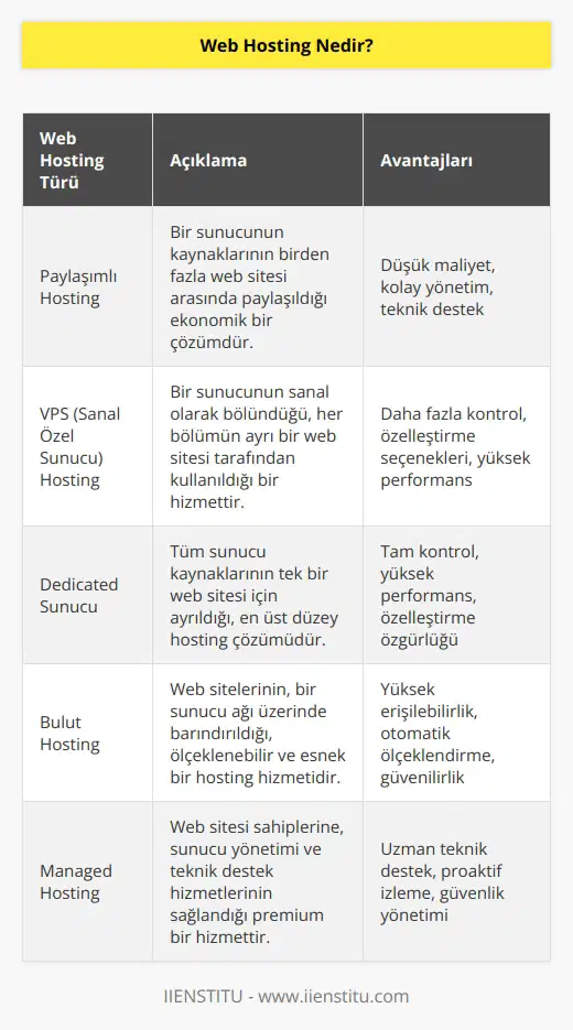 Web Hosting, başkalarının internet sitenizi görüntülemesine olanak tanıyan bir hizmettir. Bir web barındırıcısı, dünya çapındaki diğer bilgisayarların web sitenize bir ağ veya modem aracılığıyla erişmesine izin vermek için sunucularında yer sunar. Web hosting hizmeti sağlayıcıları; sunucular, bağlanabilirlik ve bunlarla bağlantılı web hosting hizmetleri verir.