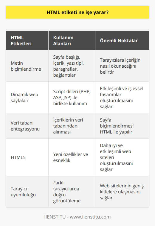 HTML Etiketlerinin İşlevi  Metin işaretleme dili olan HTML, web sitesi tasarımında temel yapı taşlarını oluşturan etiketlerle işlev görür. İçeriklerin ve unsurların düzgün biçimlendirilip sunulmasını sağlayan HTML etiketleri, bu alanda özelleştirilmiş bir sistemdir. Tarayıcılara içeriğimizi nasıl okumasını istediğimizi HTML etiketleri sayesinde söyleriz ve böylece sayfa başlığı, içeriği, yazı tipi, paragraflar, bağlantılar gibi pek çok ögede düzen sağlanır.  Dinamik Web Sayfaları ve HTML  HTML, statik bir yapıda olup, dinamik web sayfaları oluşturulmasında kullanılabilir. Bu durum, HTMLin script dilleri ve PHP, ASP, JSP gibi web programlama dilleri ile birlikte kullanılmasıyla mümkün oluyor. Bu sayede dinamik bir web sitesi yapısındaki kodları, HTML kodları ile birleştirip etkileşimli ve işlevsel tasarımlar oluşturabiliriz.  Veri Tabanı ve HTMLnin Önemi  Web sitelerinde kullanılacak içeriklerin veri tabanından alınması için bir programlama dili kullanılması gerekir. Ancak veri tabanından alınan bu içeriklerin ziyaretçiye gösterilecek düzeyde sayfa biçimlendirmesi, HTML sayesinde mümkün olur. Bu sayede, web sitesinin düzgün ve etkileyici bir görünümle ziyaretçiye sunulması sağlanır.  HTML5 ve Yenilikler  HTML5, HTML teknolojisinin en son sürümüdür. Web sitesi tasarımcıları ve geliştiriciler için gerekli esnekliği sağlayan ve daha iyi web sitelerini yapmak adına yeni özellikler ekleyen bu sürüm, kullanıcılar için daha heyecan verici etkileşimli web siteleri ve dikkat çekici web tasarımı imkanları sunar. Bu sayede, önceki sürümlerdeki sorunlar giderilmiş ve HTMLin kendini aşması sağlanmış olur.