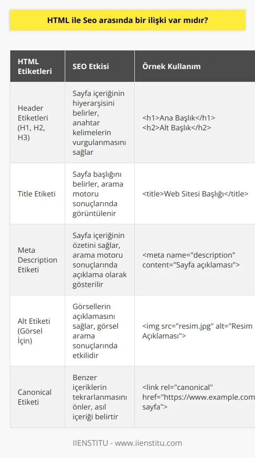 Html kodları ile    çalışmalarını destekleyecek işaretlemeler yapılır. Header etiketleri, sayfa başlığı gibi  açısından önemli olan unsurlar HTML ile sağlanır.    web sitelerinin içeriğini HTML kodları sayesinde öğrenirler.