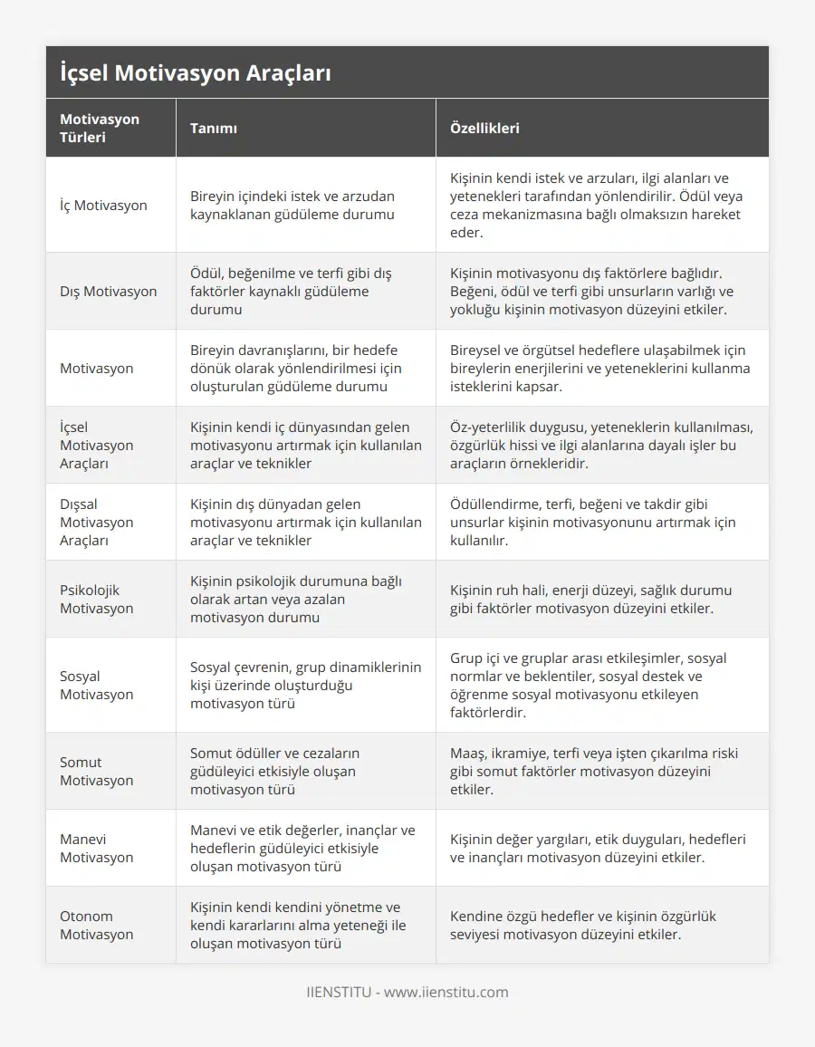 İç Motivasyon, Bireyin içindeki istek ve arzudan kaynaklanan güdüleme durumu, Kişinin kendi istek ve arzuları, ilgi alanları ve yetenekleri tarafından yönlendirilir Ödül veya ceza mekanizmasına bağlı olmaksızın hareket eder, Dış Motivasyon, Ödül, beğenilme ve terfi gibi dış faktörler kaynaklı güdüleme durumu, Kişinin motivasyonu dış faktörlere bağlıdır Beğeni, ödül ve terfi gibi unsurların varlığı ve yokluğu kişinin motivasyon düzeyini etkiler, Motivasyon, Bireyin davranışlarını, bir hedefe dönük olarak yönlendirilmesi için oluşturulan güdüleme durumu, Bireysel ve örgütsel hedeflere ulaşabilmek için bireylerin enerjilerini ve yeteneklerini kullanma isteklerini kapsar, İçsel Motivasyon Araçları, Kişinin kendi iç dünyasından gelen motivasyonu artırmak için kullanılan araçlar ve teknikler, Öz-yeterlilik duygusu, yeteneklerin kullanılması, özgürlük hissi ve ilgi alanlarına dayalı işler bu araçların örnekleridir, Dışsal Motivasyon Araçları, Kişinin dış dünyadan gelen motivasyonu artırmak için kullanılan araçlar ve teknikler, Ödüllendirme, terfi, beğeni ve takdir gibi unsurlar kişinin motivasyonunu artırmak için kullanılır, Psikolojik Motivasyon, Kişinin psikolojik durumuna bağlı olarak artan veya azalan motivasyon durumu, Kişinin ruh hali, enerji düzeyi, sağlık durumu gibi faktörler motivasyon düzeyini etkiler, Sosyal Motivasyon, Sosyal çevrenin, grup dinamiklerinin kişi üzerinde oluşturduğu motivasyon türü, Grup içi ve gruplar arası etkileşimler, sosyal normlar ve beklentiler, sosyal destek ve öğrenme sosyal motivasyonu etkileyen faktörlerdir, Somut Motivasyon, Somut ödüller ve cezaların güdüleyici etkisiyle oluşan motivasyon türü, Maaş, ikramiye, terfi veya işten çıkarılma riski gibi somut faktörler motivasyon düzeyini etkiler, Manevi Motivasyon, Manevi ve etik değerler, inançlar ve hedeflerin güdüleyici etkisiyle oluşan motivasyon türü, Kişinin değer yargıları, etik duyguları, hedefleri ve inançları motivasyon düzeyini etkiler, Otonom Motivasyon, Kişinin kendi kendini yönetme ve kendi kararlarını alma yeteneği ile oluşan motivasyon türü, Kendine özgü hedefler ve kişinin özgürlük seviyesi motivasyon düzeyini etkiler