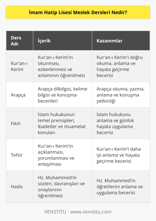 İmam hatip lisesinde okutulan meslek dersleri şunlardır:   Kuran-ı Kerim, Arapça, Fıkıh, Tefsir, Dinler Tarihi, Akaid, Kelam, Temel Dini Bilgiler, Hitabet, Mesleki Arapça, Hadis, Siyer.