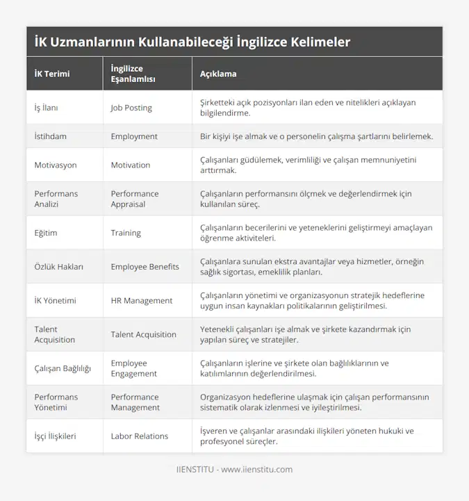 İş İlanı, Job Posting, Şirketteki açık pozisyonları ilan eden ve nitelikleri açıklayan bilgilendirme, İstihdam, Employment, Bir kişiyi işe almak ve o personelin çalışma şartlarını belirlemek, Motivasyon, Motivation, Çalışanları güdülemek, verimliliği ve çalışan memnuniyetini arttırmak, Performans Analizi, Performance Appraisal, Çalışanların performansını ölçmek ve değerlendirmek için kullanılan süreç, Eğitim, Training, Çalışanların becerilerini ve yeteneklerini geliştirmeyi amaçlayan öğrenme aktiviteleri, Özlük Hakları, Employee Benefits, Çalışanlara sunulan ekstra avantajlar veya hizmetler, örneğin sağlık sigortası, emeklilik planları, İK Yönetimi, HR Management, Çalışanların yönetimi ve organizasyonun stratejik hedeflerine uygun insan kaynakları politikalarının geliştirilmesi, Talent Acquisition, Talent Acquisition, Yetenekli çalışanları işe almak ve şirkete kazandırmak için yapılan süreç ve stratejiler, Çalışan Bağlılığı, Employee Engagement, Çalışanların işlerine ve şirkete olan bağlılıklarının ve katılımlarının değerlendirilmesi, Performans Yönetimi, Performance Management, Organizasyon hedeflerine ulaşmak için çalışan performansının sistematik olarak izlenmesi ve iyileştirilmesi, İşçi İlişkileri, Labor Relations, İşveren ve çalışanlar arasındaki ilişkileri yöneten hukuki ve profesyonel süreçler